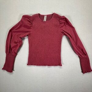 Anthropologie Smocked Puff Sleeve Top Berry Red Textured Blouse OB1425048 Size M
